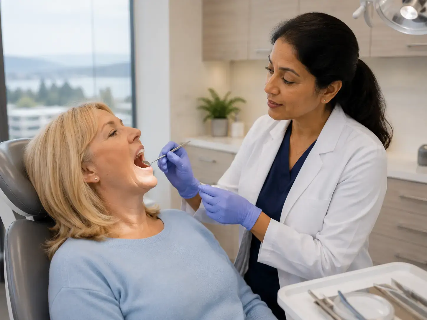 A dental professional wearing gloves and using a small light to examine a patient's open mouth